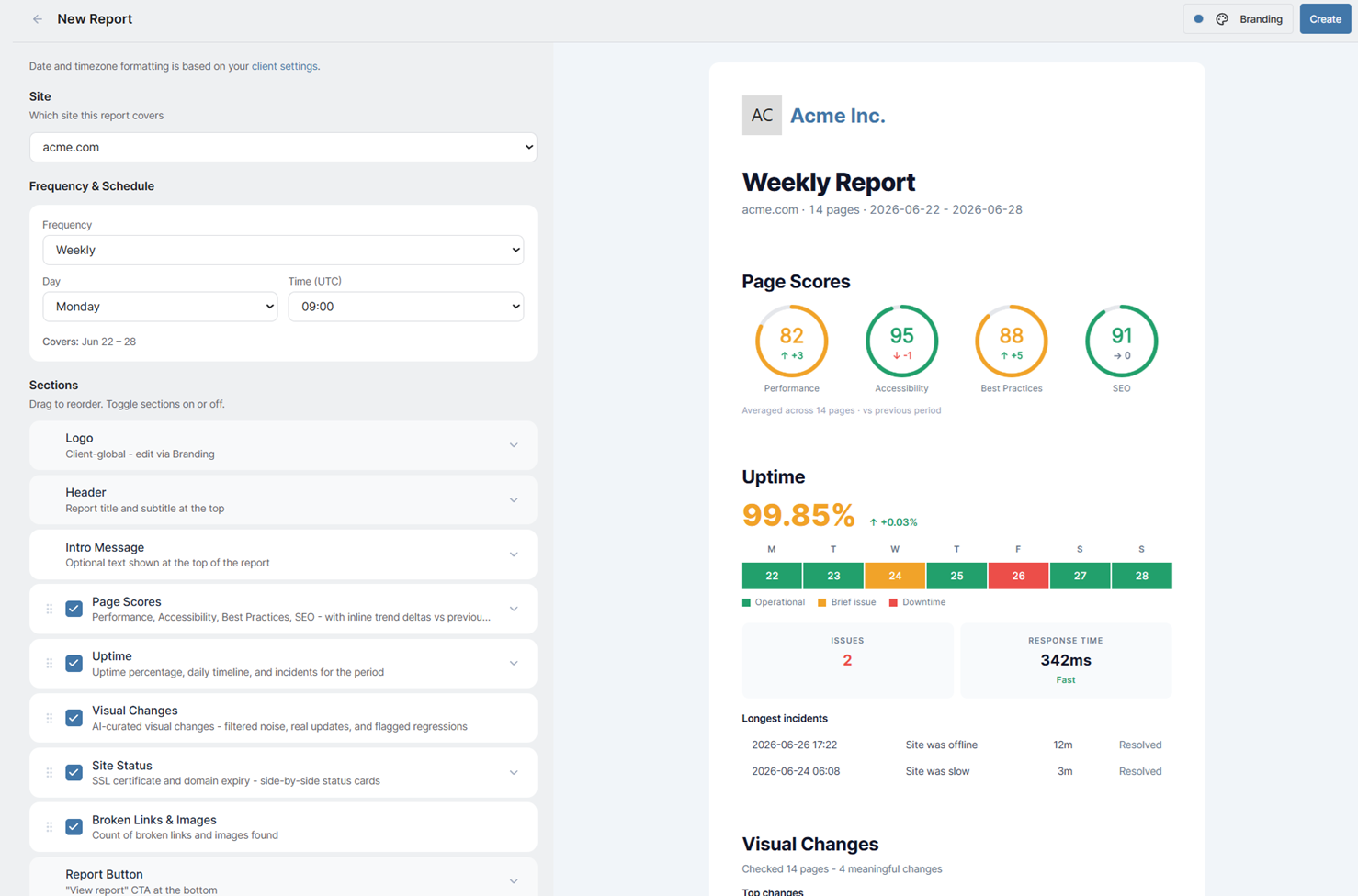 SiteLetter report builder: drag-to-reorder sections with toggles and a per-client cadence setting