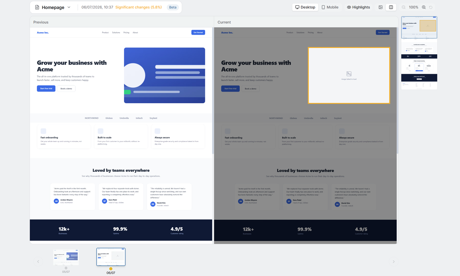 SiteLetter visual tracking: yesterday and today screenshots compared, with the change AI-classified
